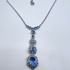 Givenchy Vintage Blue & Green Crystal Y-Drop Necklace Silver Tone